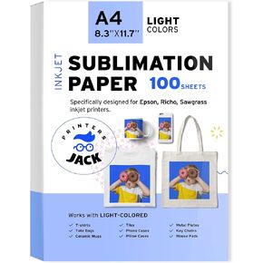 Printers Jack Sublimation Paper - Heat Transfer Paper 100 Sheets 8.3" x 11.7" for Any Epson HP Canon Sawgrass Inkjet Printer with Sublimation Ink for T shirt Mugs DIY