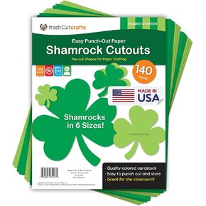 FreshCut Crafts 140 Piece Shamrock Cutouts Set: Pre-Cut Green Irish Clover Shapes for School Supplies, Decorating Themed Events Bulletin Board & St. Patrick's Day Decor, US Made Quality Card Stock