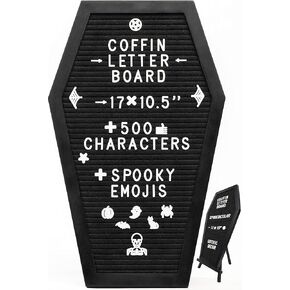 Coffin Letter Board Black With Spooky & Seasonal Emojis +550 Characters, Wooden Stand - 17x10.5 Inches - Coffin Shaped Goth Decor Sign Witchy Halloween Decorations Gothic Decor Birthday Wedding Home Spooky Gifts