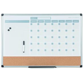 MasterVision Magnetic Dry Erase Monthly Calendar Planner Push Pin Corkboard Combo with Marker Tray, 24" x 36", Gray Plastic Frame, White, MB0707186P