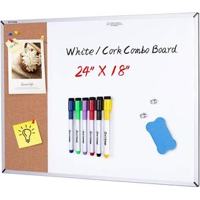 White Board & Cork Bulletin Board, 24" X 18", Combination Dry Erase Board & Cork Board, Vision Board for Home, Office, School - Includes 6 Magnetic Markers, 1 Eraser, 2 Strong Magnets and 10 Pins.…