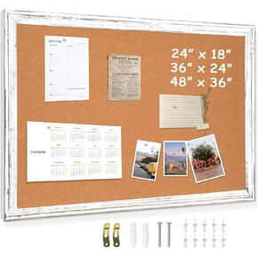 DOLLAR BOSS White Cork Board - 24 X 18 Inches, Rustic Wooden Frame, Decorative Hanging Pin Board for Office & Home Decor
