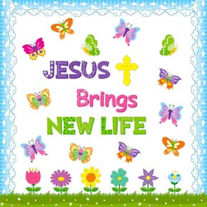 Yopyame 94PCS Jesus Brings New Life Christian Bulletin Board Set Spring Butterfly Flowers Cross Cutouts Bulletin Board Borders Trim Easter Religious Faith Classroom Sunday School Chalkboard Wall Decor