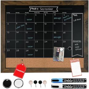 Loddie Doddie 18x24 White Framed Chalkboard Calendar and Bulletin Combo Board. Includes Chalk Markers, Push-Pins and Magnets. Blackboard - Calendar - Cork Board. Perfect for Organizing Your Space