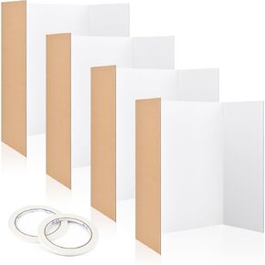 CLUEWR 4 Pack Trifold Poster Boards, White Presentation Display Boards Foldable Corrugated Cardboard with 2 Rolls of Double Sides Adhesive Tapes for School Projects, Science Fair, 16 x 24 Inches