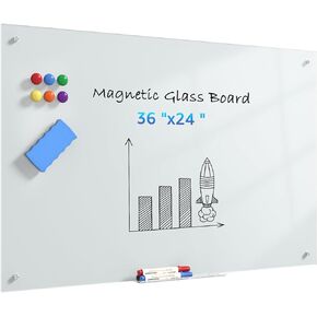 MaxGear Tempered Glass Whiteboard 36" x 24", Standard White Magnetic Glass Dry Erase Board for Wall, Large Frameless White Board for Office, School, Home (3' x 2')