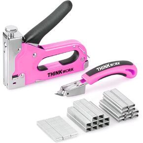 THINKWORK Heavy Duty Staple Gun, 3 in 1 Pink Staple Gun for Upholstery with 900 Staples, Nail Gun for Wood, Cable, Fabric, Wall, Material Repair, DIY Manual Stapler