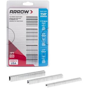 ARROW 50MP Heavy Duty T50 Staples Multipack, For Upholstery, Crafts, General Repairs, Includes 1/4-Inch, 3/8-Inch and 1/2-Inch Sizes, 3/8-Inch Crown Size,1875-Pack