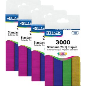 BAZIC Staples Standard (26/6) Metallic Color 3000/Pack, Stapler Refill Standard Size Staple, Assorted Colors, 1-Pack