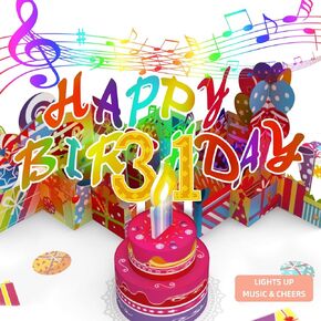 3D PopUp Birthday Cards, 1-100 Age Luxury Blowable LED Light Candle Cake Music Happy Birthday Card Postcards Greeting Cards Birthday Gifts Decorations for Women, Man, Mom, Wife, Husband, Boy, Girl