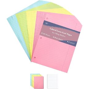 Mr. Pen- Colored Loose Leaf Paper Wide Ruled, 100 Sheets, 8" x 10.5", 3- Hole Punched, Notebook Paper, Lined Paper, Binder Paper, Writing Paper, Filler Paper, Wide Ruled Notebook Paper