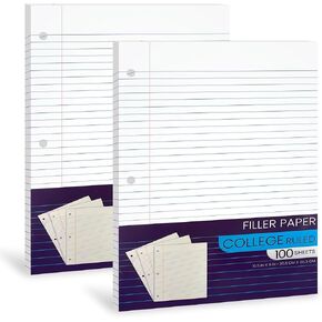 Notebook Paper College Ruled, Loose Leaf Paper College Ruled Notebook Paper, Lined Filler Paper for 3 Ring Binders - 10.5" X 8", for Students, College, School Classroom - 100 Sheets/Pack (2 Pack)