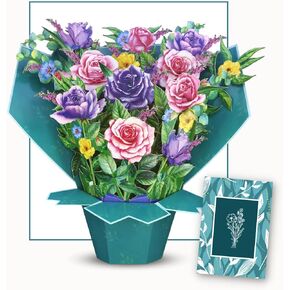 Large Paper Flower Basket Card, Pop Up Cards, 10 inches with Note Card and Envelope - Blushing Palette