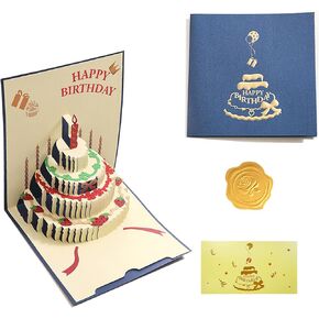 Happy Birthday Cake Card 3D Pop Up Birthday Card with Note Card and Envelopes Anniversary Greeting Card Birthday Gift Card for Women Kids Mom Husband friend Wife Dad Daughter Son(Blue)