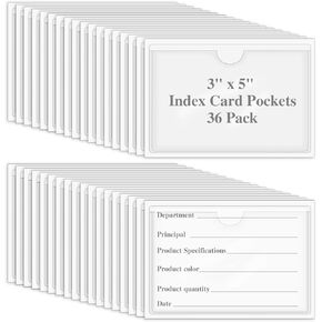 36 Pack Adhesive 2.4" x 3.9" Index Card Pockets with Top Open for Loading, Clear Plastic Labels Holders for Organizing, Storage Bins, Library Card, Totes, Shelves
