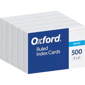 Oxford Index Cards, 500 Pack, 4x6 Index Cards, Ruled on Front, Blank on Back, White, 5 Packs of 100 Shrink Wrapped Cards (40178)