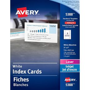 Avery Printable Index Cards with Sure Feed Technology, 3" x 5", White, 150 Blank Index Cards for Laser or Inkjet Printers (05388)
