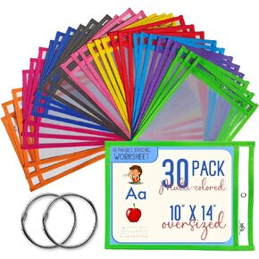 30 Packs Dry Erase Pockets Sleeves - 10 Assorted Colors with 2 Rings - Dry Erase Sheets Reusable - 10x14 Ticket Holders, Clear Pocket Sleeves for Classroom Organization, Teaching School Supplies