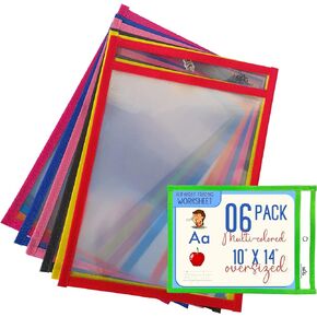 30 Packs Dry Erase Pockets Sleeves - 10 Assorted Colors with 2 Rings - Dry Erase Sheets Reusable - 10x14 Ticket Holders, Clear Pocket Sleeves for Classroom Organization, Teaching School Supplies