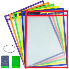 MILEKE Heavy Duty Dry Erase Pockets, Rewritable Dry Erase Sleeves for School and Work, Clear workSheet Protectors, 10" x 13.5" Plastic Ticket Holders, 6 Colors Assorted, Pack of 6