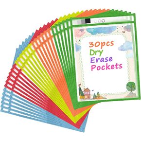 Antner 30 Packs Oversized Dry Erase Pocket Sleeves Reusable Ticket Holders, Clear Plastic Sheet Page Protectors, Heavy Duty Work Pockets School Teacher Classroom Office Organization Supplies, 5 Colors