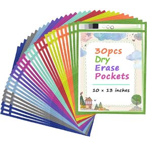 Antner 30 Pack Oversized Dry Erase Pockets Sleeves Reusable Ticket Holders, Clear Plastic Sheet Page Protectors, Heavy Duty Work Pockets School Teacher Classroom Office Organization Supplies, 10 Color