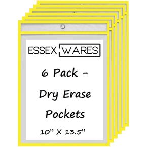 6 Pack, Assorted, Dry Erase Pocket Document Protectors, 10" Wide x 13.5" Tall- Dry Erase Clear Plastic Sleeves - Reusable & Easy Erase Plastic Invoice Holders, Water-Resistant & Durable