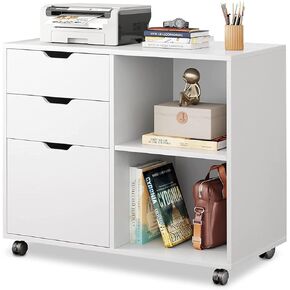 DEVAISE 3-Drawer Wood File Cabinet, Mobile Lateral Filing Cabinet, Printer Stand with Open Storage Shelves for Home Office, White
