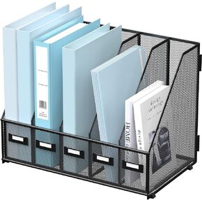 SUPEASY Desk Organizers Metal Desk Magazine File Holder with 5 Vertical Compartments Rack File Organizer for Office Desktop, Home Workspace, Black
