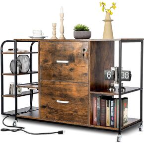 YORKING Lateral File Cabinet, 2 Drawer Mobile Filing Cabinet with Outlet, Open Storage Side Shelves, Locking Drawer Fits A4/Letter/Legal Size File Cabinets for Home Office, Brown