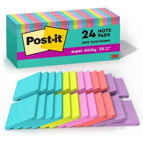 Post-it Super Sticky Notes, 3x3 in, 24 Pads, 2x the Sticking Power, Supernova Neons, Bright Colors, Recyclable