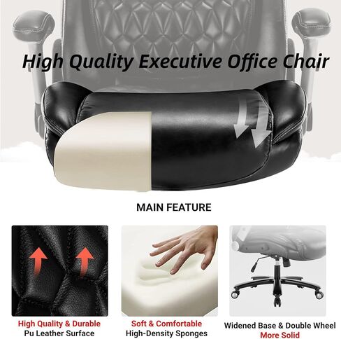 كرسي مكتب تنفيذي كبير وطويل بوزن 400 رطل، كرسي مكتب منزلي فاخر من جلد البولي يوريثان - مقعد قابل للتعديل بارتفاع مسند ذراع مبطن لدعم قطني، كرسي كمبيوتر دوار مريح مع مقعد واسع (بني) in Kuwait