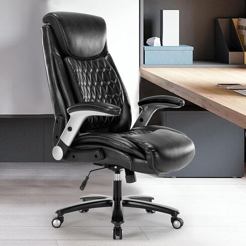 كرسي مكتب تنفيذي كبير وطويل بوزن 400 رطل، كرسي مكتب منزلي فاخر من جلد البولي يوريثان - مقعد قابل للتعديل بارتفاع مسند ذراع مبطن لدعم قطني، كرسي كمبيوتر دوار مريح مع مقعد واسع (بني) in Kuwait