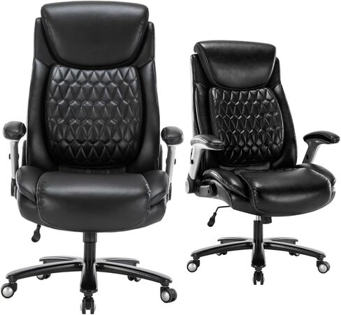 كرسي مكتب تنفيذي كبير وطويل بوزن 400 رطل، كرسي مكتب منزلي فاخر من جلد البولي يوريثان - مقعد قابل للتعديل بارتفاع مسند ذراع مبطن لدعم قطني، كرسي كمبيوتر دوار مريح مع مقعد واسع (بني) in Kuwait
