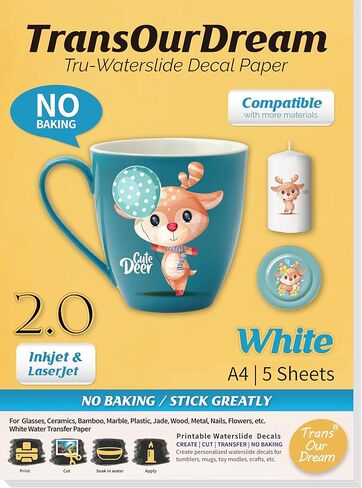 ورق لاصق من Trans OurDream WaterSlide للطابعة النافثة للحبر والطابعة LaserJet (20 ورقة، مقاس A4) ورق نقل منزلق مائي مطور وشفاف وقابل للطباعة للأكواب والأكواب والنظارات in Saudi Arabia