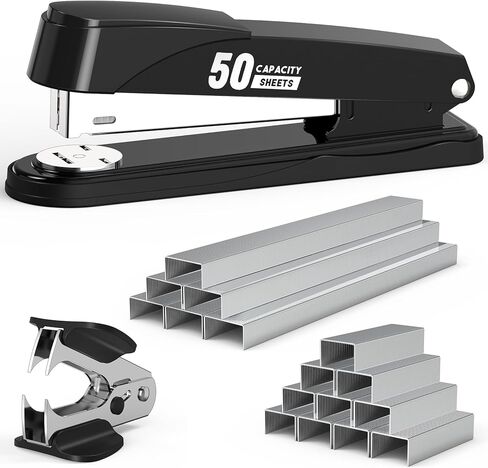 Metal Stapler Heavy Duty 50 Sheet Capacity with 1750 Staples and Staple Remover, Full Strip Staplers for Desk, No Jam, Non-Slip Office Stapler with Staples for Office & Classroom, Black in Kuwait