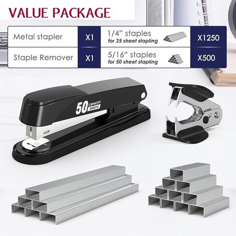 Metal Stapler Heavy Duty 50 Sheet Capacity with 1750 Staples and Staple Remover, Full Strip Staplers for Desk, No Jam, Non-Slip Office Stapler with Staples for Office & Classroom, Black in Kuwait