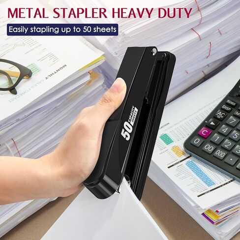 Metal Stapler Heavy Duty 50 Sheet Capacity with 1750 Staples and Staple Remover, Full Strip Staplers for Desk, No Jam, Non-Slip Office Stapler with Staples for Office & Classroom, Black in Kuwait
