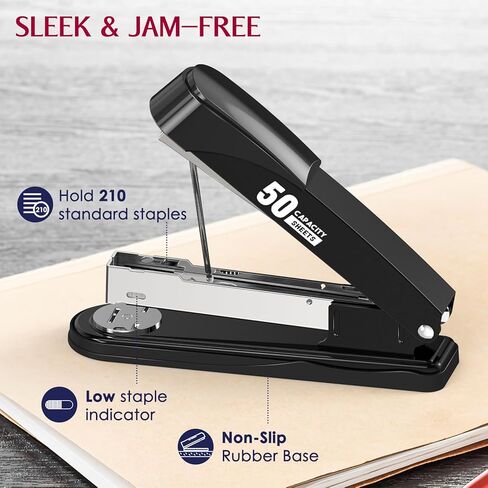 Metal Stapler Heavy Duty 50 Sheet Capacity with 1750 Staples and Staple Remover, Full Strip Staplers for Desk, No Jam, Non-Slip Office Stapler with Staples for Office & Classroom, Black in Kuwait