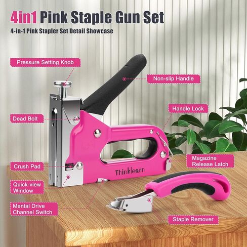 مجموعة أدوات مسدس أساسية 37 قطعة، مسدس أساسي للمفروشات الوردية 4 في 1 مع 800 دبوس، مسدس أساسي عالي التحمل للخشب والحرف اليدوية والنجارة والديكور DIY، مجموعة أدوات نسائية وردية للمنزل in Kuwait