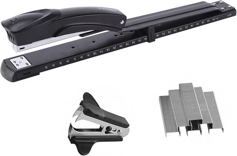 Long Reach Stapler,with 2000 Staples & Stapler Remover Full Strip，20-25 Sheet Capacity,with Built-in Ruler and Adjustable Locking Paper Guide, Black in Kuwait