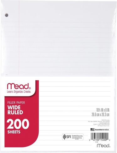 Mead Loose Leaf Paper, Notebook Paper, Wide Ruled Filler Paper, Standard, 8 x 10.5, 200 Sheets (15200) White in Saudi Arabia