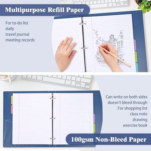 Filler Paper, 8.5" x 11" Lined Paper Notebook Paper, 3 Holes College Rule Paper with Dividers, 100gsm 100gsm Binder Paper A4 Loose Leaf Paper, 260 Pages in Kuwait