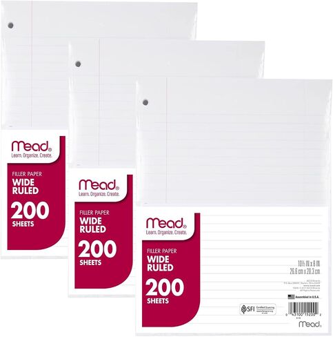 ورق Mead فضفاض، ورق نوت بوك، ورق حشو واسع، قياسي، 8 × 10.5، 200 ورقة في كل عبوة (73183)، عبوة من 3 قطع بيضاء in Kuwait
