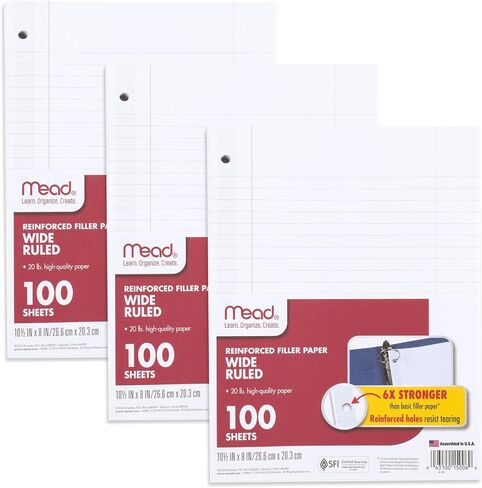 Mead Loose Leaf Paper, Notebook Paper, Wide Ruled Filler Paper, Reinforced, 8 x 10.5, 100 Sheets (15006), White in Saudi Arabia