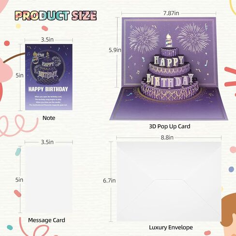 XTF2015 بطاقة عيد ميلاد سعيد، أضواء وموسيقى وصوت الألعاب النارية كعكة ثلاثية الأبعاد هدية بطاقة عيد ميلاد منبثقة مع مغلف وعلامة ملاحظة للنساء والرجال والأطفال والزوجة والأم والزوج in Kuwait