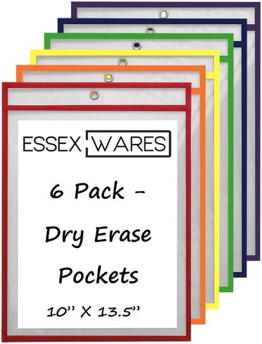 6 عبوات من جيوب المسح الجاف - ألوان متنوعة - من Essex Wares - لدروس المعلمين في الفصل الدراسي أو للاستخدام في منزلك أو مكتبك - تناسب الورق القياسي مقاس 8.5 بوصة × 11 بوصة in Kuwait