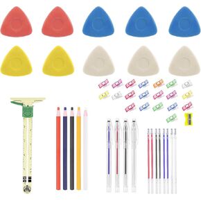 StiVerse 10Pcs Tailors Chalk, Color Sewing Chalk with 12Pcs Fabric Heat Erasable Pens, 20Pcs Sewing Clips, Sliding Gauge for Quilting, Sewing Supplies for Quilting,Dressmaking(49 PCS)