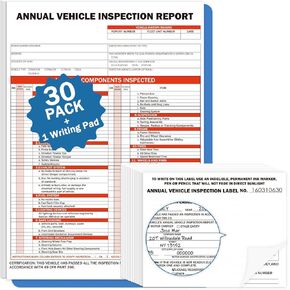 PUNCHMAN 30Pack DOT Annual Vehicle Inspection Forms and Label,30-Pk 3-Ply Annual Vehicle Inspection Report with Carbon Copies with Hardboard,30-Pk 2-Ply FMCSA Annual Inspection Adhesive Vinyl Sticker