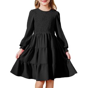 Arshiner Girls Dress Fall Boho Long Sleeve Shirred Smocked Tiered Party Dresses with Pockets